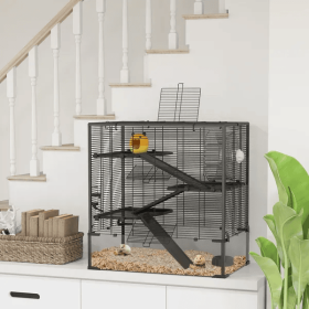 4 Tier Hamster Cage With Deep Tempered Glass Bottom, Running Wheel, Hut, Water Bottle, Food Dish (Option: Black wide)