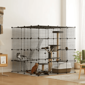 Detachable Metal Cat Cage With Platforms, Ramps, Accessories, For 1-3 Cats, 55 Inch, Black (Option: Black)